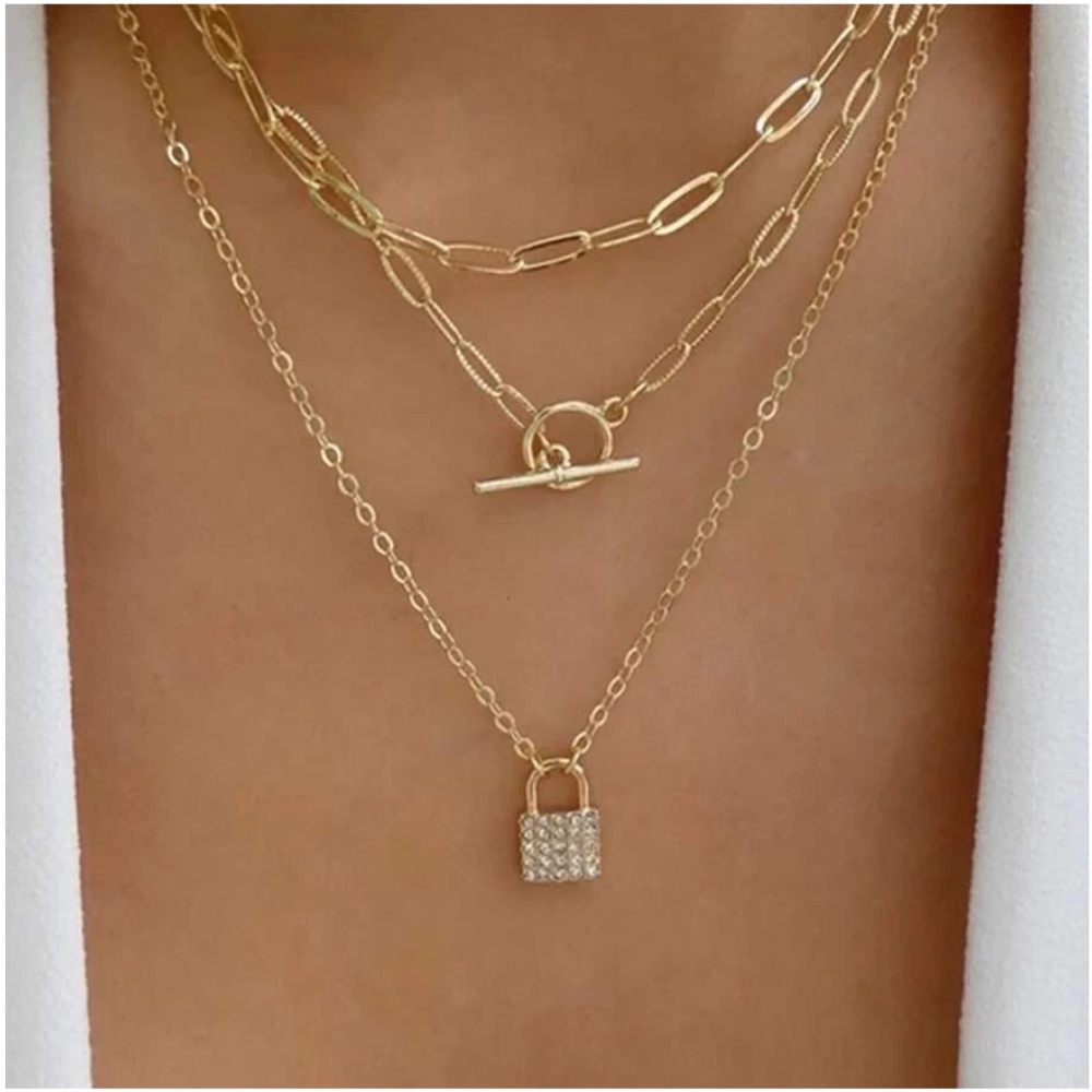 Gold Tone Rhinestone Lock Toggle Multilayer Necklace - Picture 1 of 3